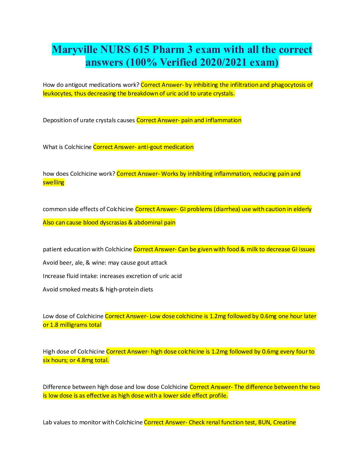 Preview image for Maryville NURS 615 Pharm 3 exam with all the correct answers (100% Verified 2020/2021 exam)